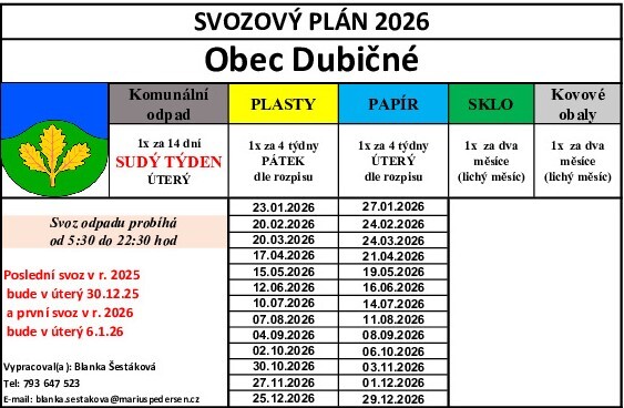 Termíny svozu odpadu 2026