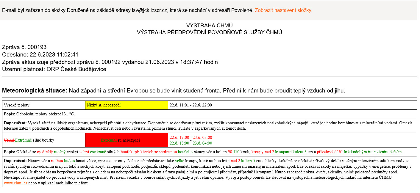 Varování HZS ČB 22.6.2023 13:00